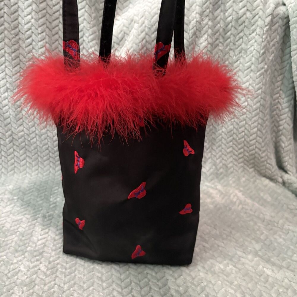 Red Hat Society Black Satin Mini Tote Bag Marabou Feather Trim Embroidered